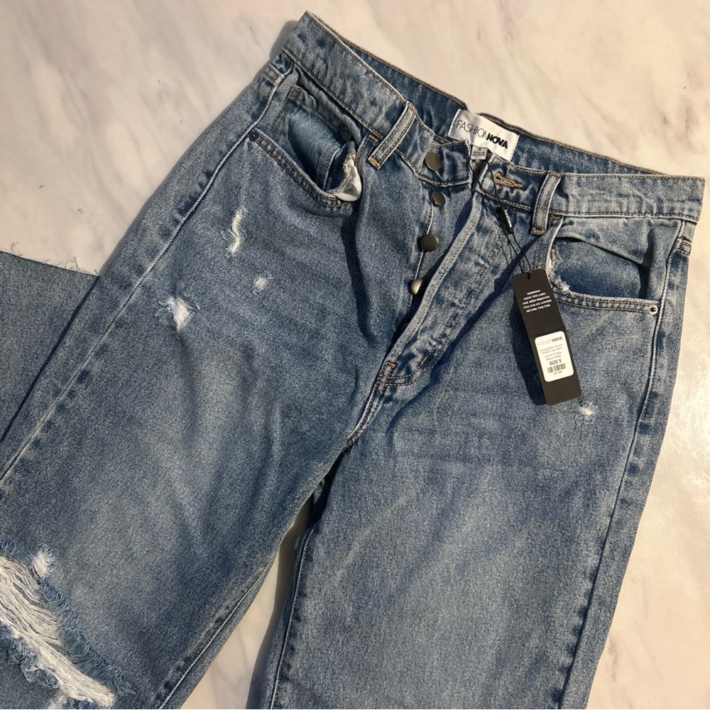 Fashion Nova Blue High Rise Jeans Distressed